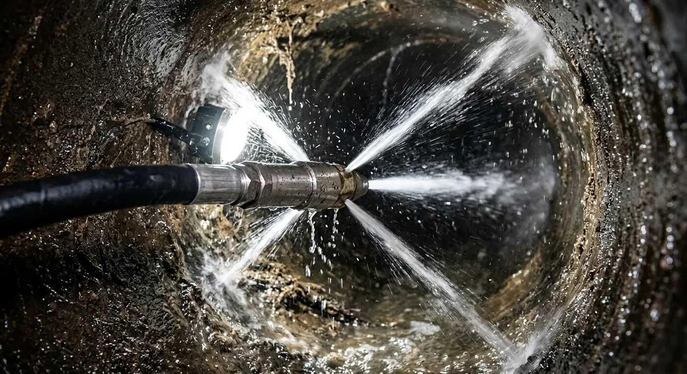 High-pressure hydro jetting nozzle cleaning sewer pipe for Sewer Line Relining in Hays
