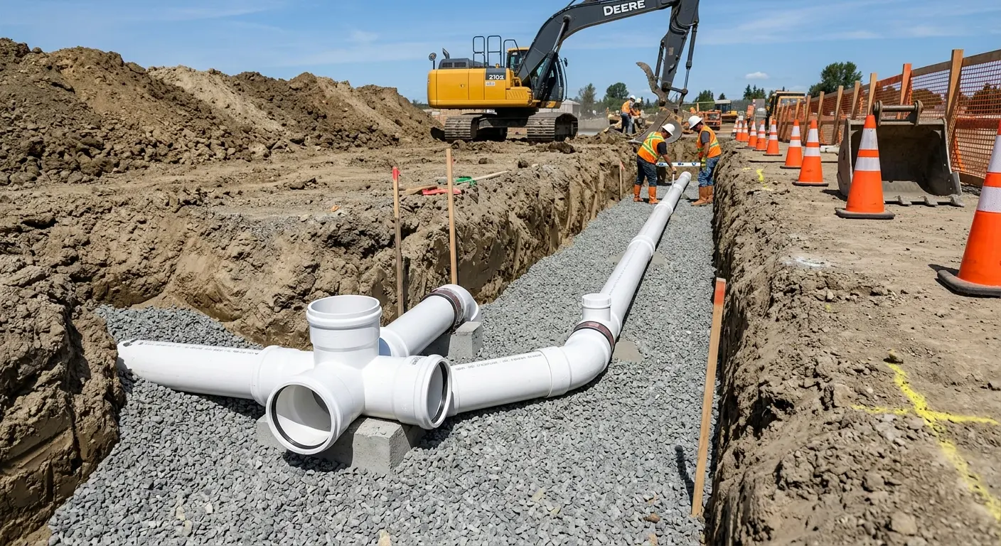New PVC sewer pipe installation in open trench for Sewer Backup in Hays