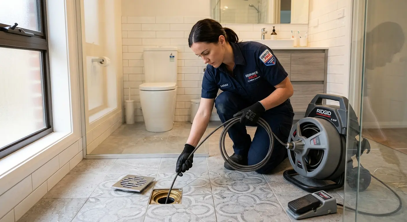 Technician clearing a bathroom floor drain for Clogged Drain Repair in Hays